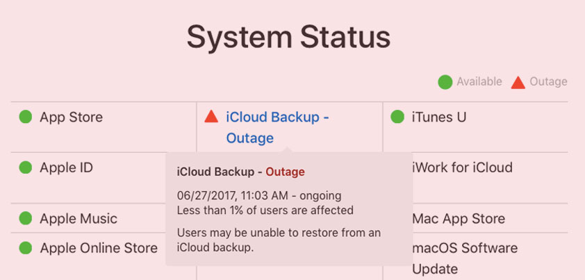 iCloud backup outage
